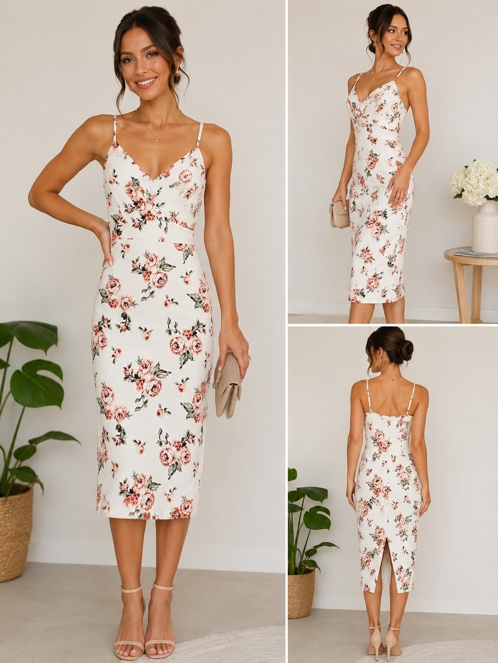 Riley & James Floral Midi Dress Size M Sleeveless Spaghetti Strap Pink Rose